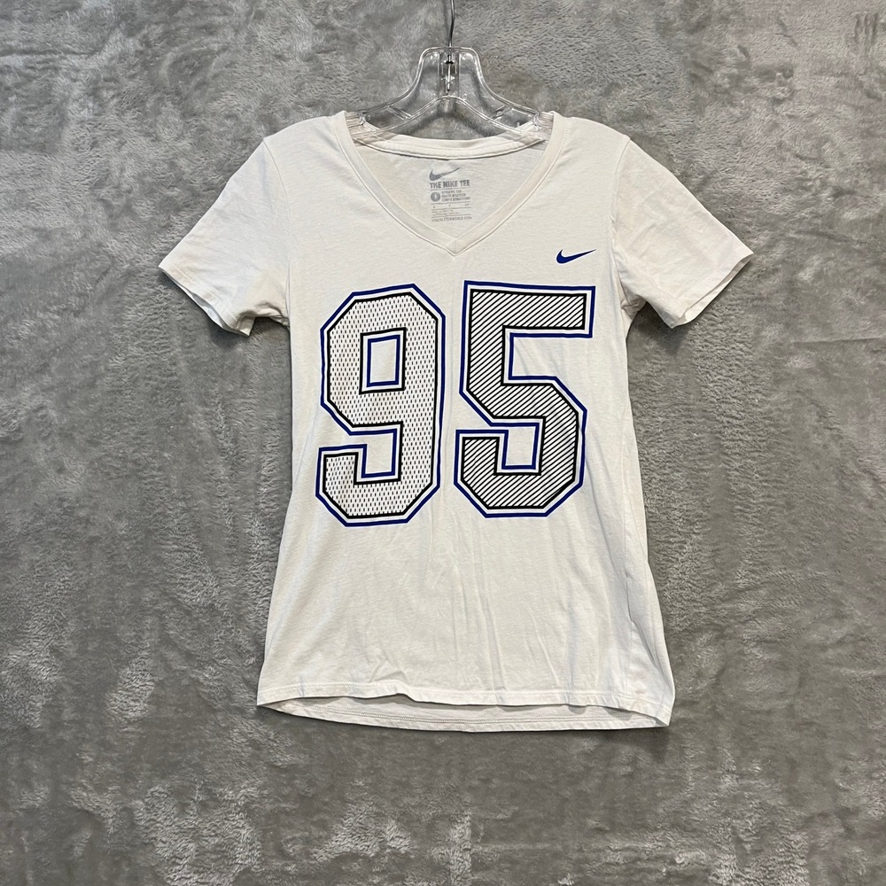 Nike Graphic T-Shirt Women Small White V-Neck Short Sleeve Jersey‎ Style 95 Logo